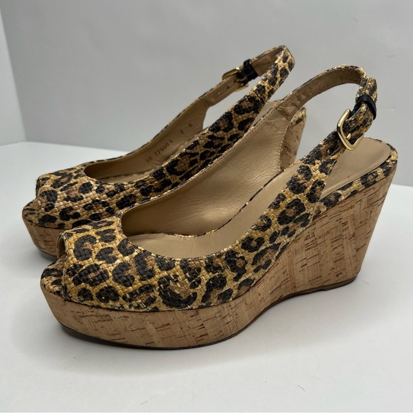 Stuart Weitzman Leopard Print Slingback Cork Wedge Size 7